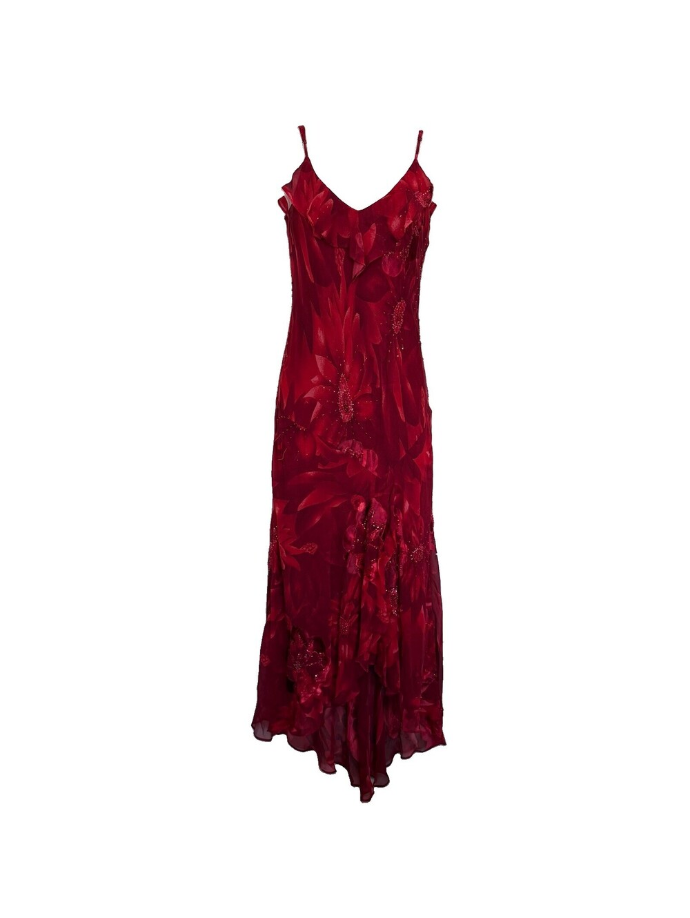 Sue Wong 90’s Vintage Y2K Red Silk Floral Beaded Ruffle Formal Dress Size 8